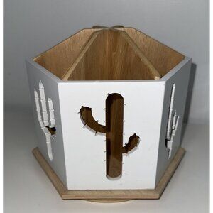 White Wood Spinning Desk Organizer 6 Sections Cactus Cutouts Pen Pencil Holder